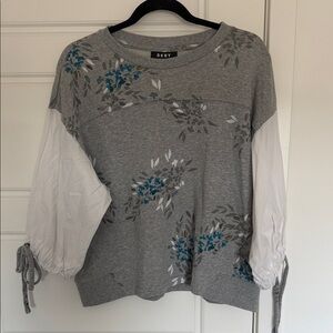 NWOT DKNY Gray Sweatshirt with White Puff Sleeves and Blue Floral Details